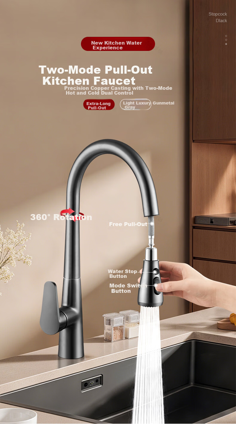 IVORPO [Germany] All-Copper Kitchen Pull-Out Faucet Hot and Cold Two-in-One Rotatable Sink Stretchable Swivel Faucet 2
