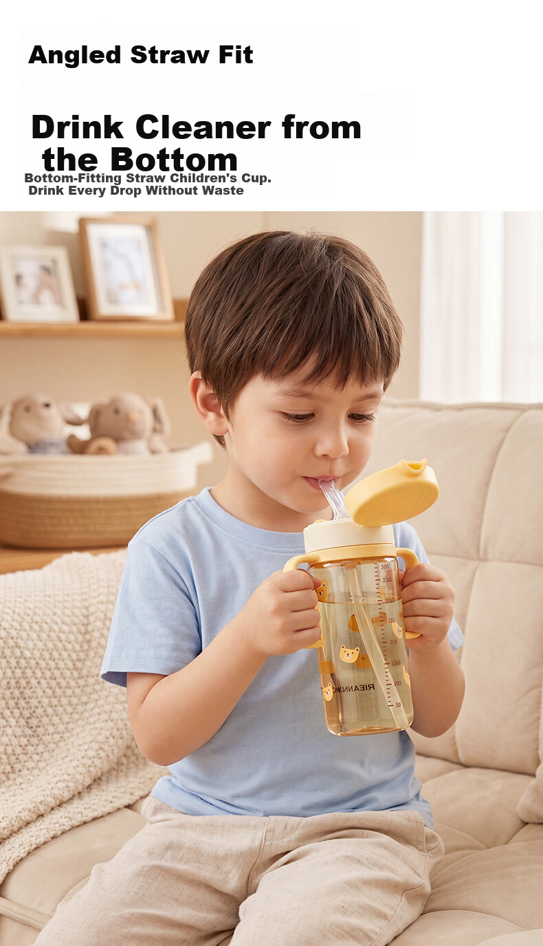 Rikang Children's Water Bottle 1+ Baby Milk Bottle PPSU Direct Drinking Straw Cup 380ml - B1088 Gray 8
