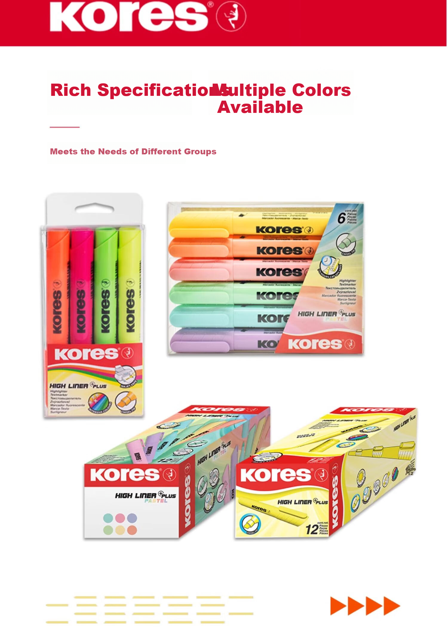 KORES Europe Kores Chisel Tip Highlighter Pen Student Colored Highlighting Marker Fluorescent Color Note-taking Opaque Large Capacity Marker Thick Barrel Yellow 4-Pack 10