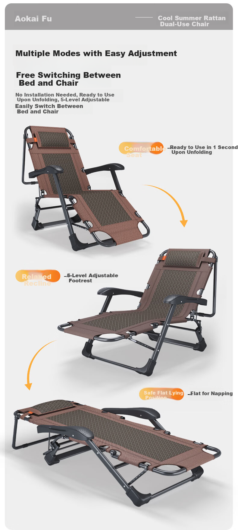 Aokai Fu Folding Bed Recliner Single Office Nap Bed Folding Chair Nap Chair Military Cot Wicker Weave 4