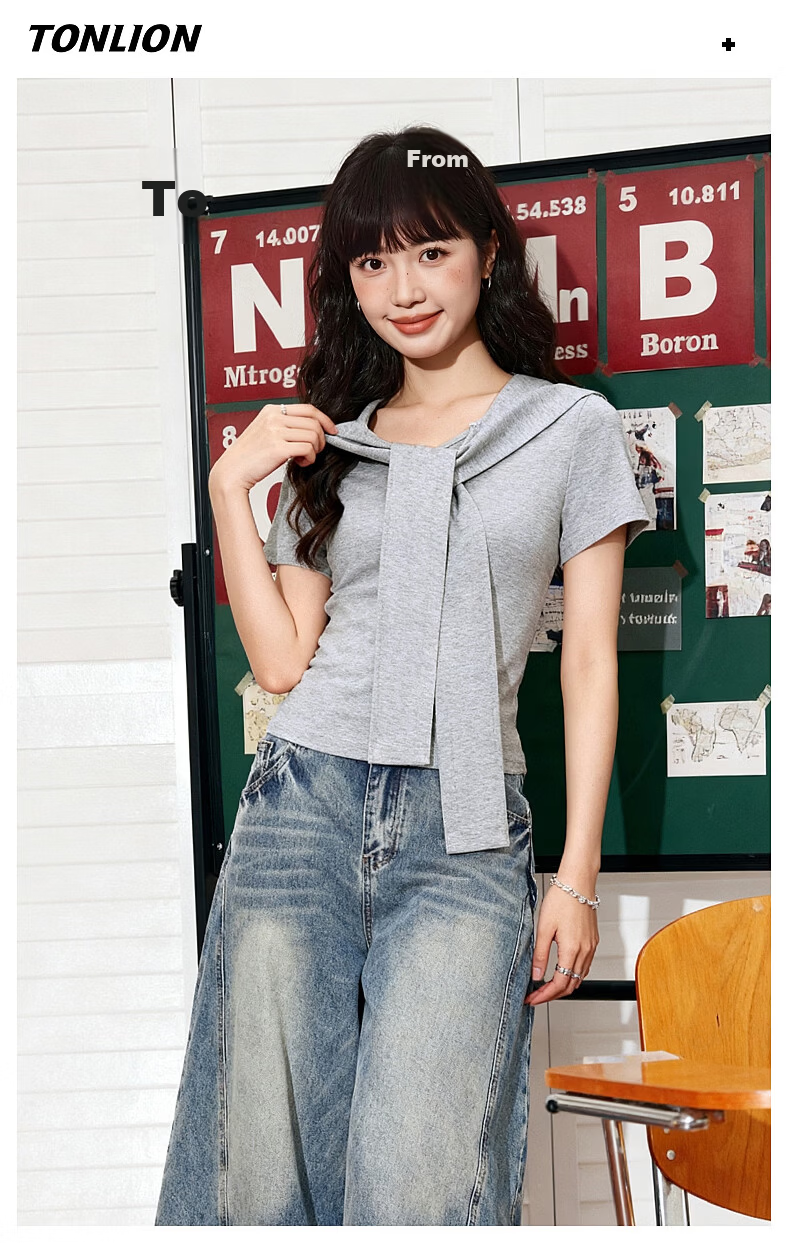 TonLion Women's Short Sleeve T-Shirt Summer 2026 New Korean Style Slim Fit Navy Collar Design Top 11