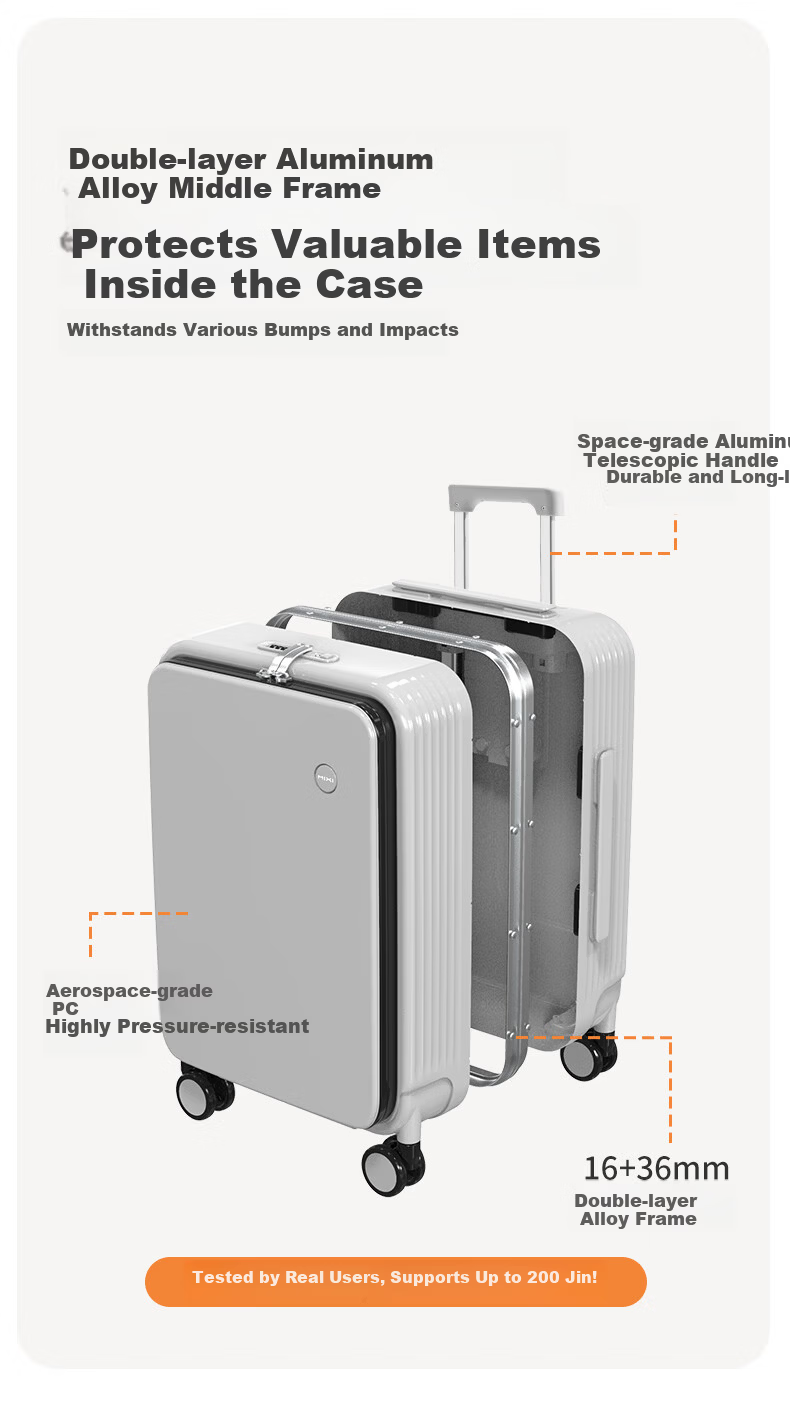 Mixi Multifunctional Aluminum Frame Trolley Luggage Large Capacity Side-Opening Travel Suitcase Men Women 20-inch Smoke White 16