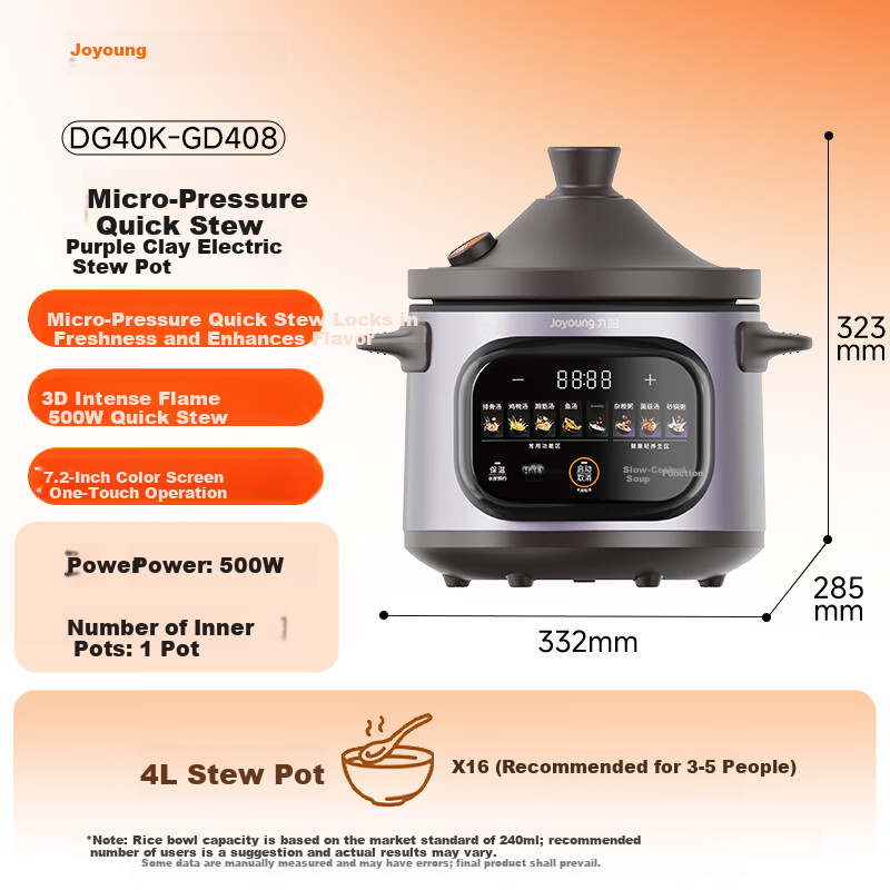 Joyoung 4L Electric Slow Cooker Purple Clay Pot Multi-Function Smart Timer Stew Porridge Soup Pot DG40K-GD408