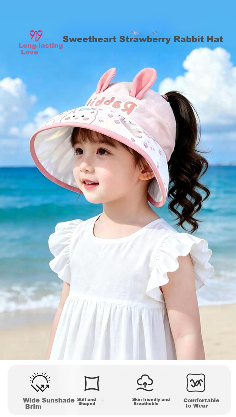 9i9 Kids Summer Sun Protection Hat Thin Girls Open-Top Wide Brim Sunshade Hat Sweet Strawberry Rabbit Ponytail 3-12 Years F36 1