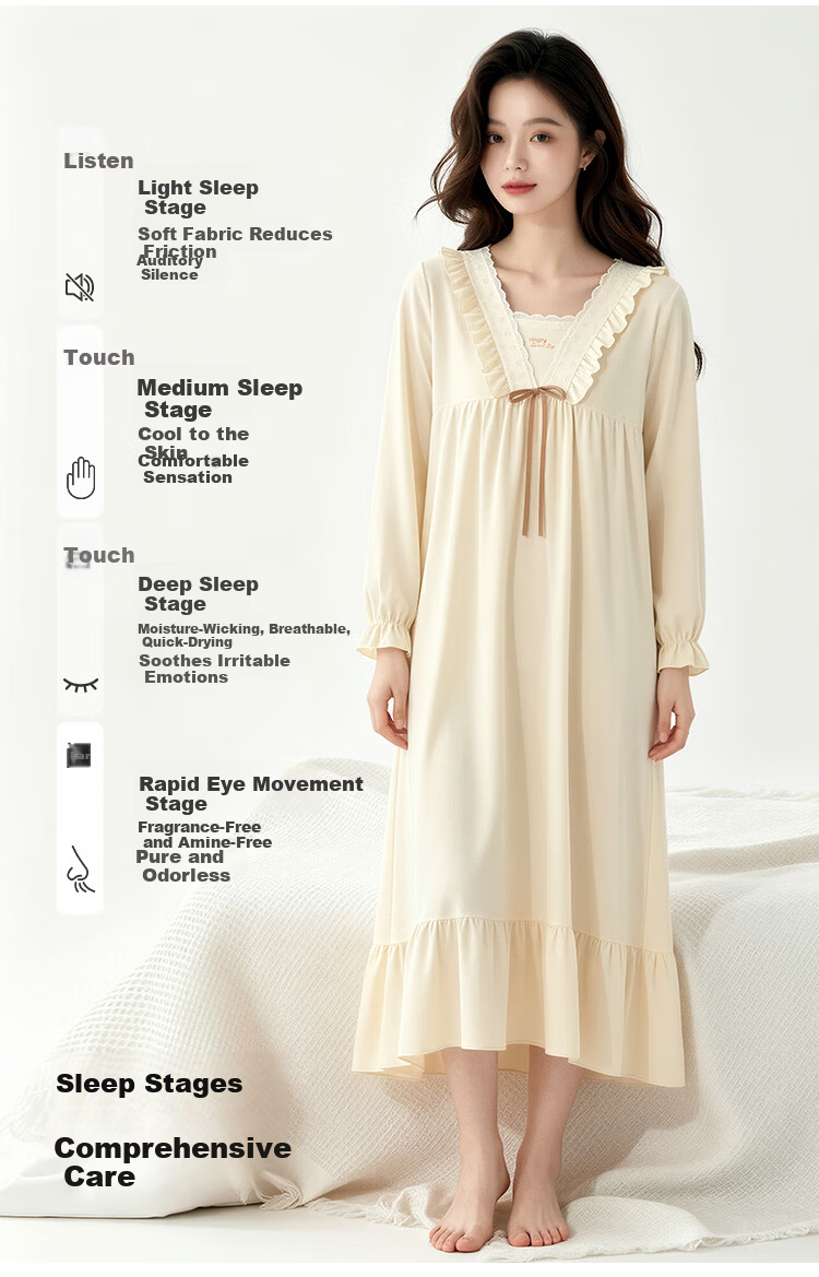 Nanjiren 2026 New Women's Cotton Nightgown with Chest Pad Summer Long Sleeve Princess Style Homewear Pajamas 3