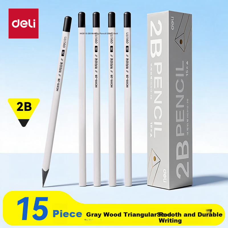 Deli 15-Pack 2B White Gray Wood Triangular Writing Pencils for Drawing Doodling Sketching Exam Filling HC815-2B Student School Stationery