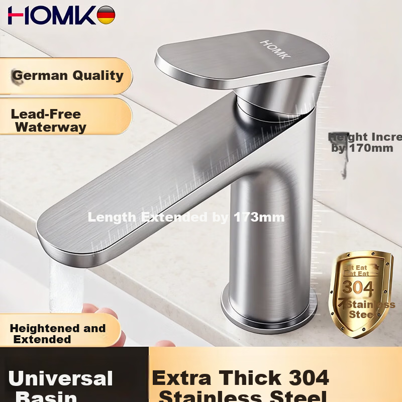 HOMK 【Germany】304 Stainless Steel Faucet Universal Bathroom Sink Basin Hot and Cold Splash-Proof Faucet