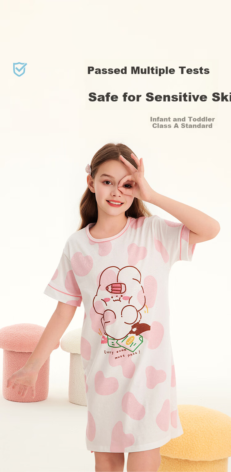 DEESHA 7A Antibacterial Skin-Friendly Pure Cotton Girls' Lightweight Breathable Summer Short Sleeve Home Dress 3