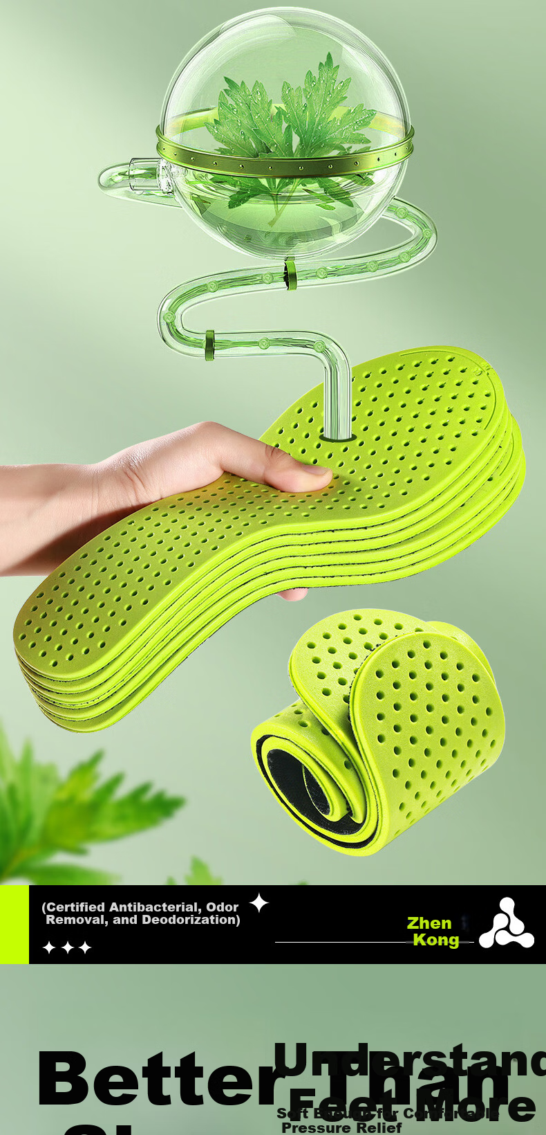 Footprint Tribe 2 Pairs Mugwort Odor-Resistant Insoles for Men Sweat-Absorbing Breathable Antibacterial Thin Deodorizing 3940 6