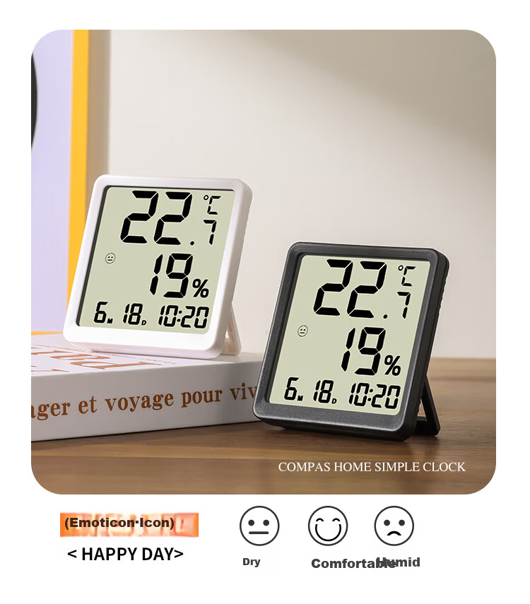 Compas Thermo-Hygrometer Clock Indoor Temperature Meter Baby Room Bedroom Kitchen Magnetic Multifunction Clock 2301H White 4