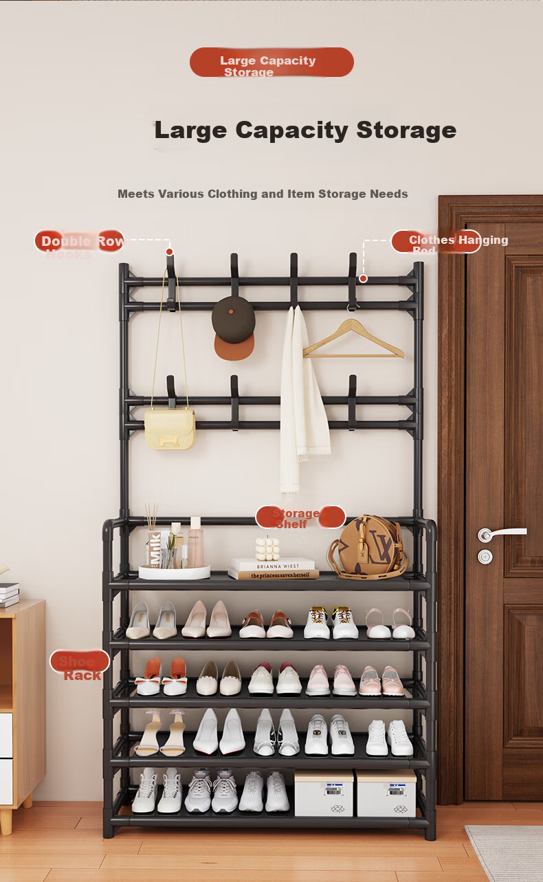 Yimo Multi-Layer Shoe Rack Home Entryway Simple Shoe and Hat Cabinet Dormitory Storage Shelf 5-Tier 80cm Side Cloth 6