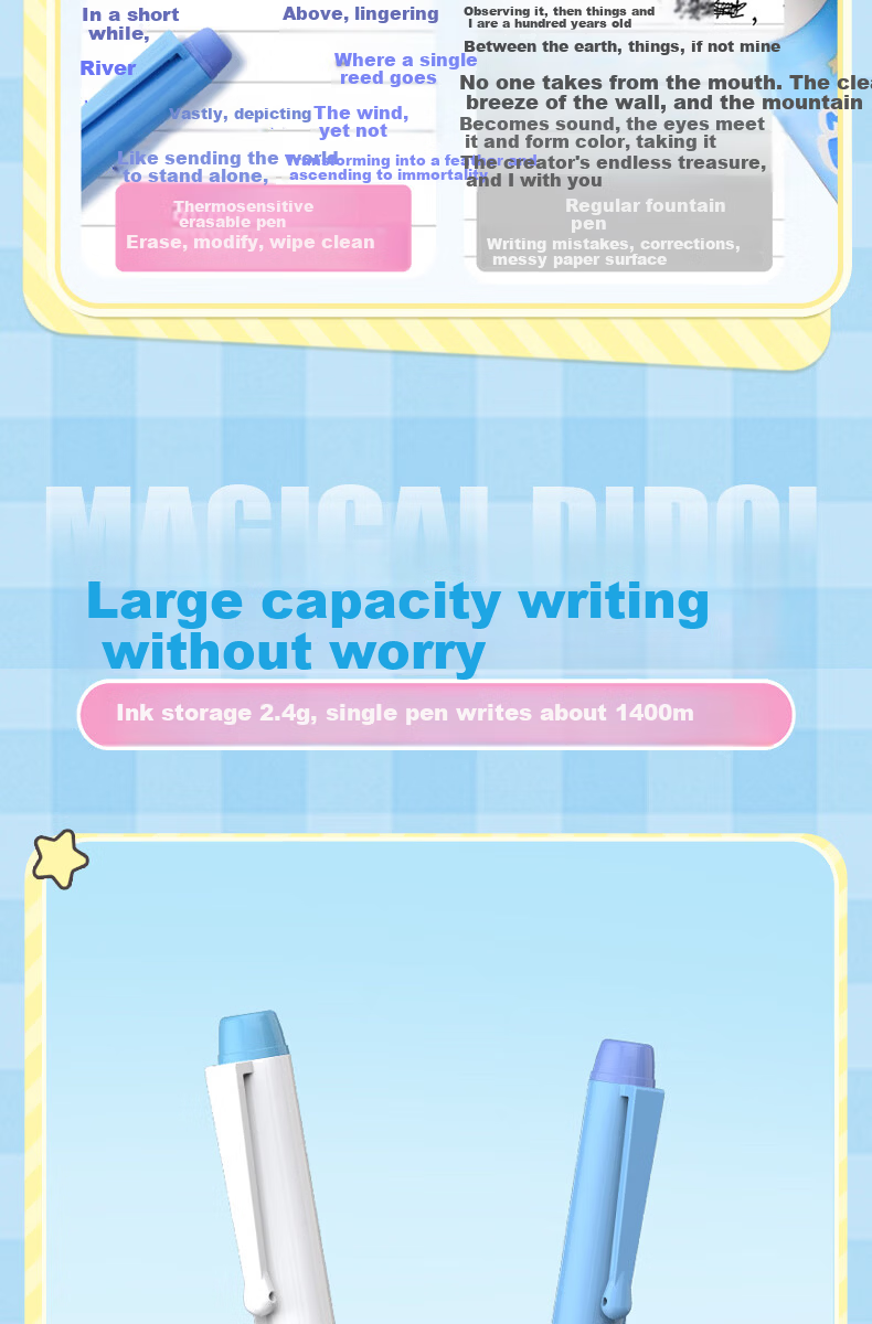 Snowhite Erasable Liquid Ink Fountain Pen for Elementary Students Grades 3-6, No Cartridge Replacement, Built-in Ink Conditioner, High Aesthetic, Large Capacity, Student Practice Pen C510, Ink Blue, P 8