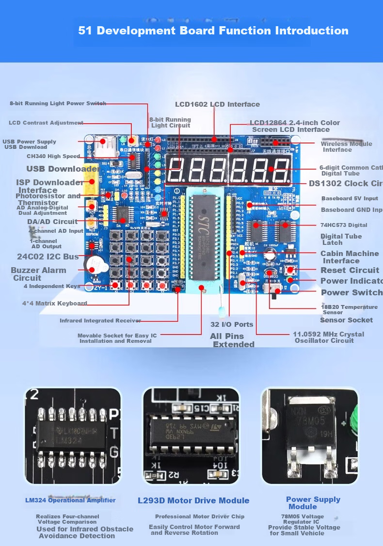 LOBOROBOT 51 Microcontroller Development Board Kit Smart Car Line Tracking Obstacle Avoidance Remote Control Bluetooth Programming C51 Robot Kit 7