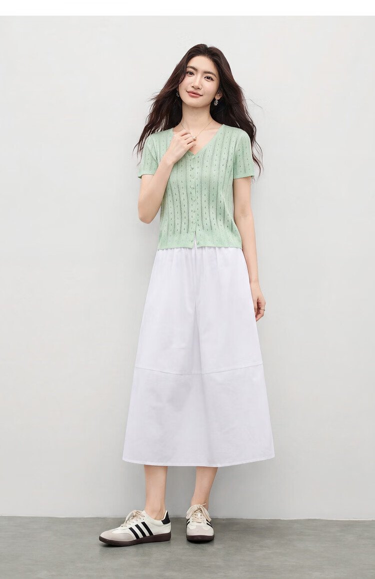 Shangdu Bira Linen Lyocell Knitwear Women Spring Summer Sweet Youthful V-Neck Hollow Texture Short Sleeve Cardigan Top 17