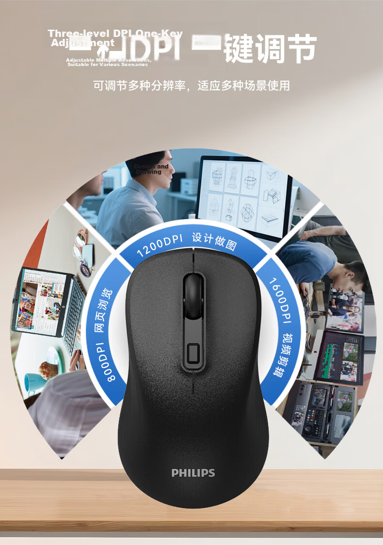 PHILIPS SPK7538P Wireless Bluetooth Mouse Dual-Mode Silent Rechargeable Ergonomic Office Mouse Compatible with Apple Mac Desktop Laptop Corporate Purchase Black 5