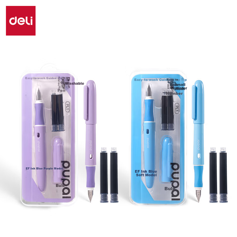 Deli Easy Wash Student Fountain Pen EF Fine Nib Student Stationery Dark Blue Ink Cartridge Posture Correcting Calligraphy Pen 1 Pen + 2 Cartridges/Pack PL1