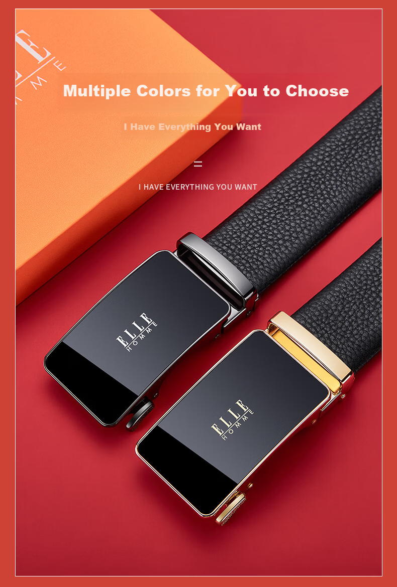 ELLE HOMME French Brand Men's Genuine Leather Belt Automatic Buckle Top Layer Cowhide Waist Belt Gift Box Birthday Gift for Boyfriend 11