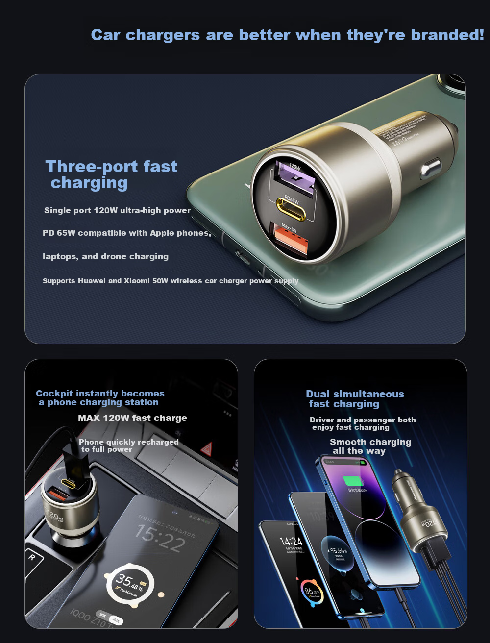 Newsmy 120W Car Charger Super Fast Charging Triple Port Cigarette Lighter Adapter Compatible with Huawei Vivo OPPO Apple 17 Laptop Charging 2