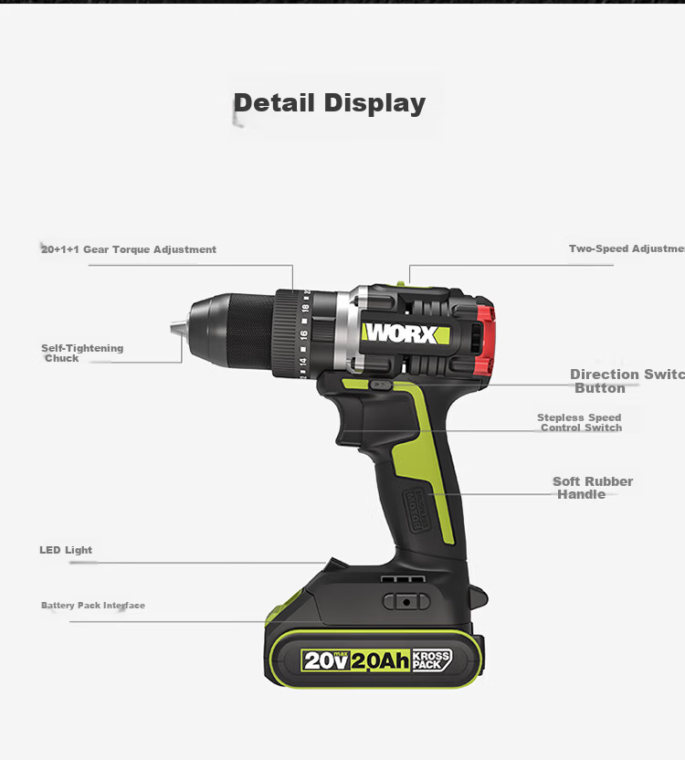Worx 20V Brushless Impact Drill WU369.9 (Bare Tool) Cordless Lithium Battery Handheld Drill for Concrete Wall Drilling 22