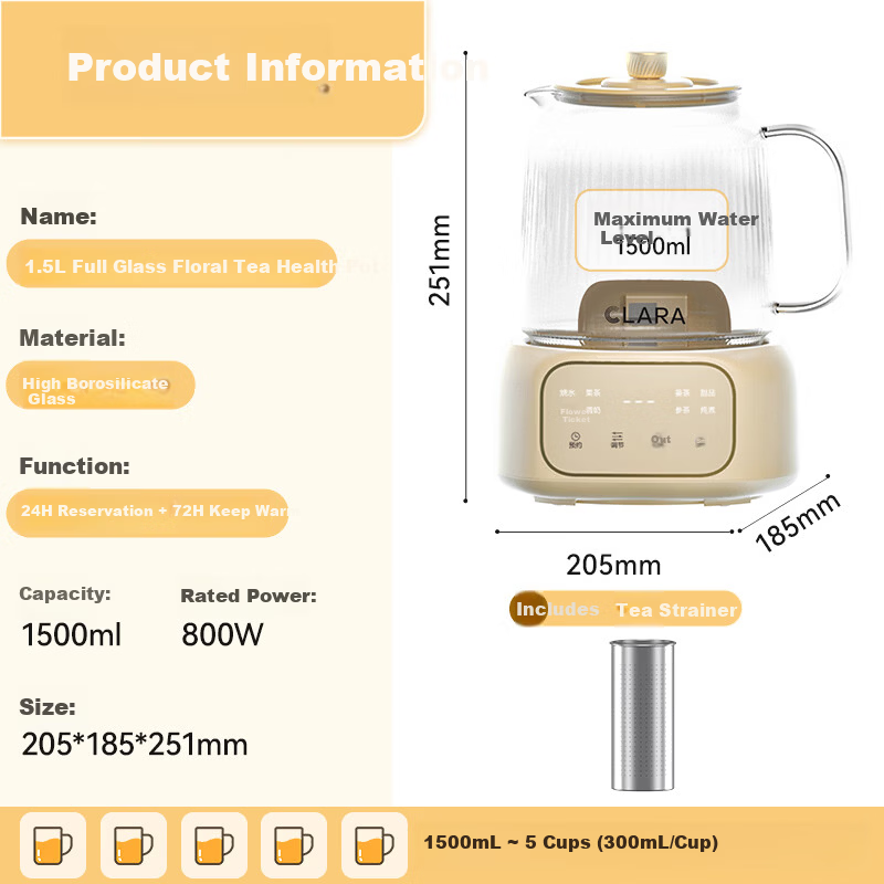 CLARA 1.5L All-Glass Health Pot Temperature Control Kettle Large Capacity Multifunctional Tea Maker Electric Kettle No Glue No Seam Titanium Tea Strainer Model