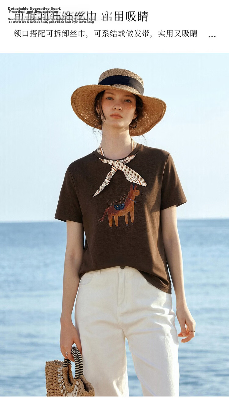 Olrain Eurielle French Style Printed Silk Scarf Short Sleeve T-Shirt Women's Summer Casual Commuting Trendy Top Beige S 3