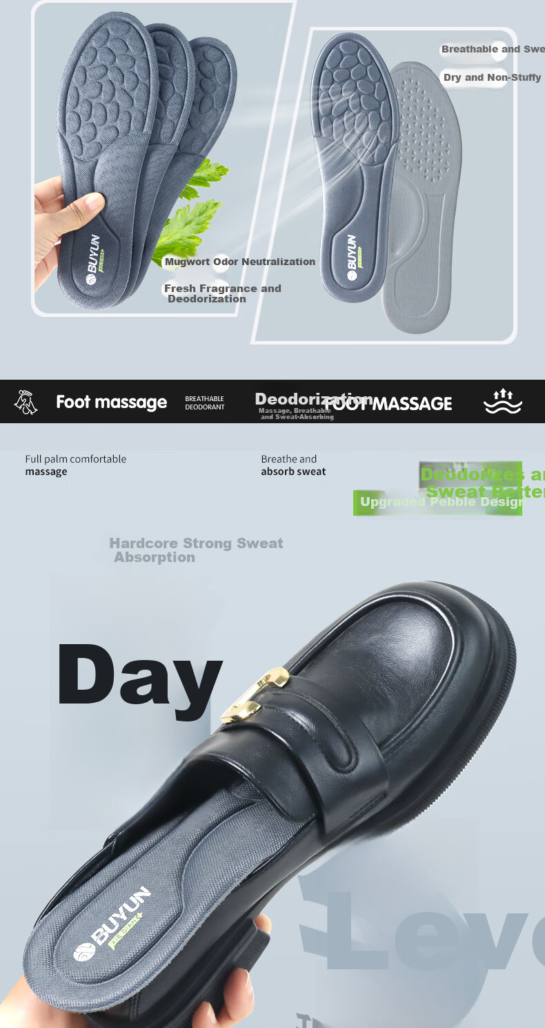 Buyun [2 Pairs] Deodorant Insoles for Men, Shock Absorption, Women's Sweat-Absorbing, Breathable, Non-Slip Military Training Deodorizing Insoles for Leather Shoes 3