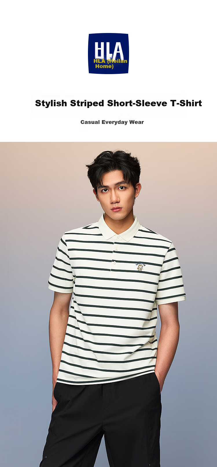 HLA Short-Sleeve Polo Shirt for Men, 2026 Year of The Horse, Turn-Down Collar, Striped Short T-Shirt for Men, Summer Wear 1