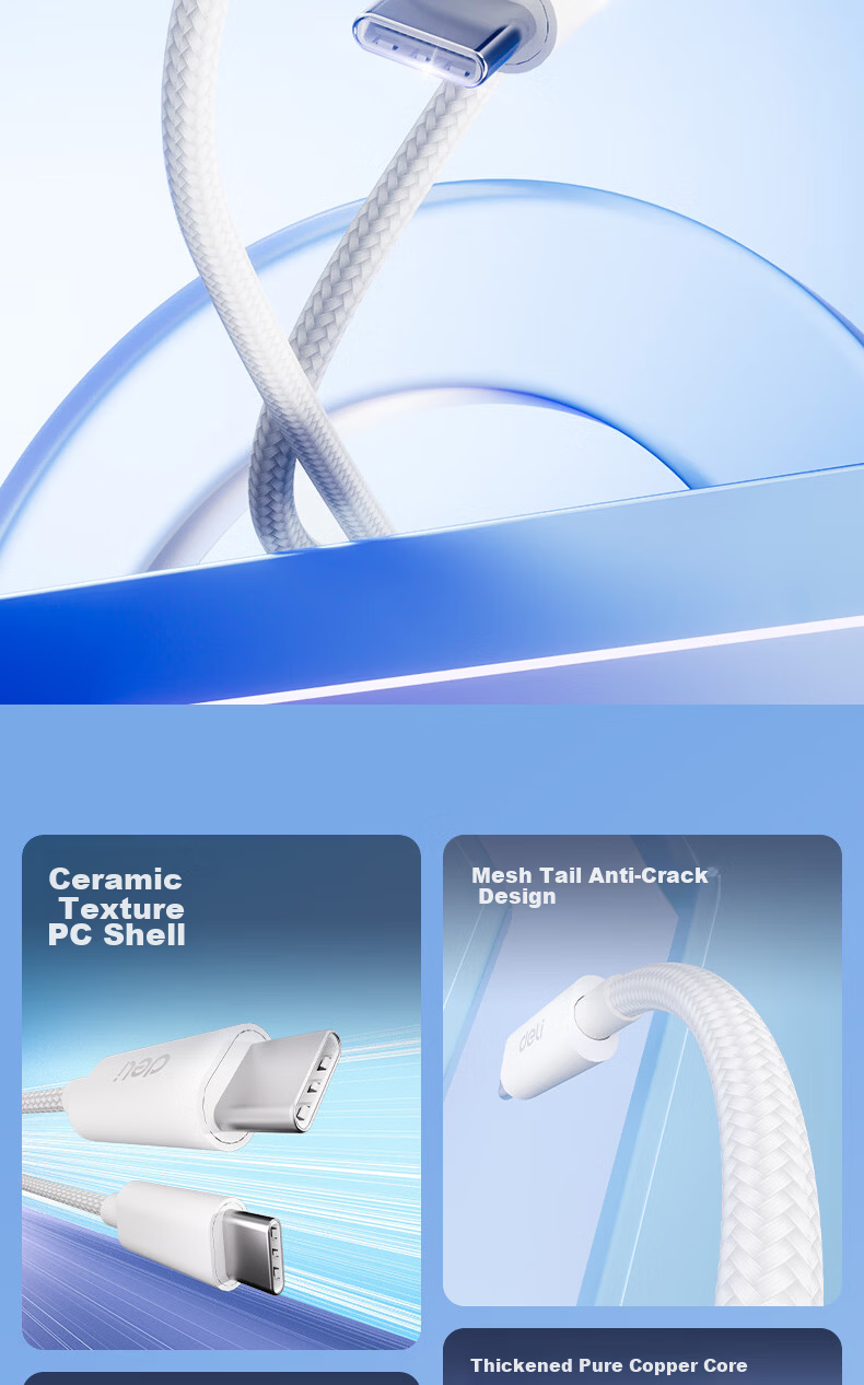 Deli Dual-Head Type-C Charging Cable PD 60W Fast Charge Braided Cable ctoC iPhone 17/16e/15 Pro Max Tablet iPad Car Charger Cable 2-Pack 1.2m 2