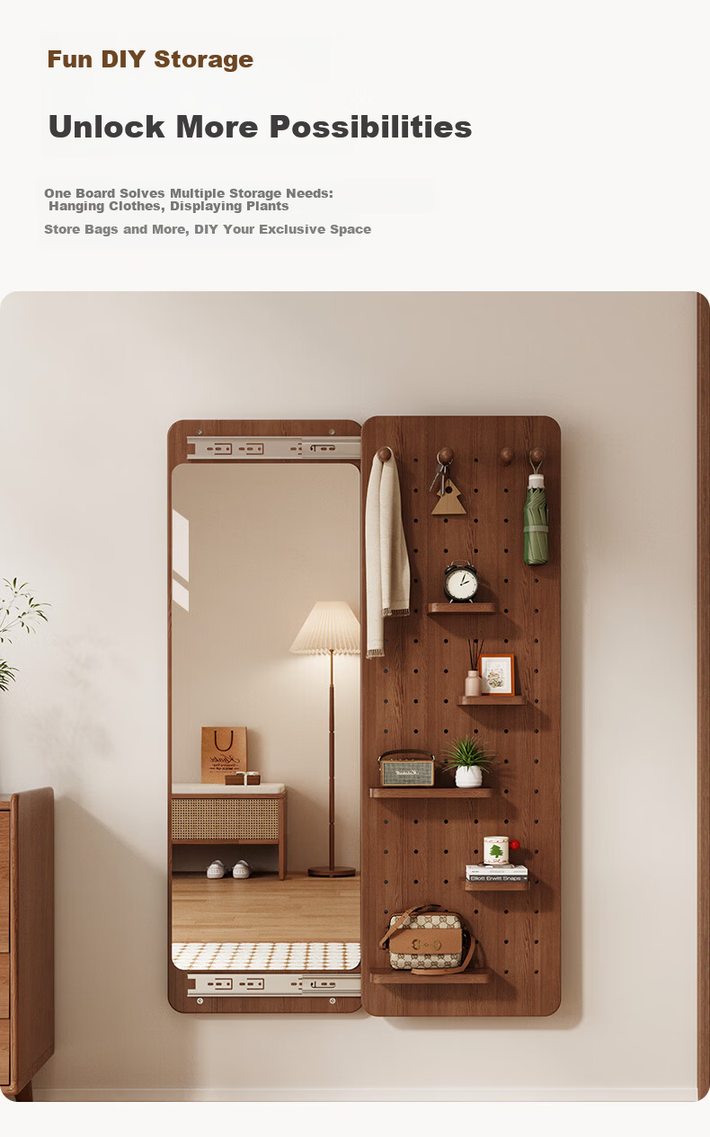Qiyinge Solid Wood Pegboard Dressing Mirror Integrated Hidden Sliding Concealed Entryway Wall-Mounted Home Fitting Mirror 11