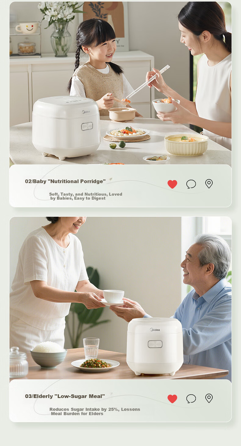 Midea Low-Sugar Rice Cooker 2L Rice and Soup Separation Double Heating Non-Stick Fluorine-Free Inner Pot Multifunctional Small Rice Cooker for 1-3 People MB-RC207L 6