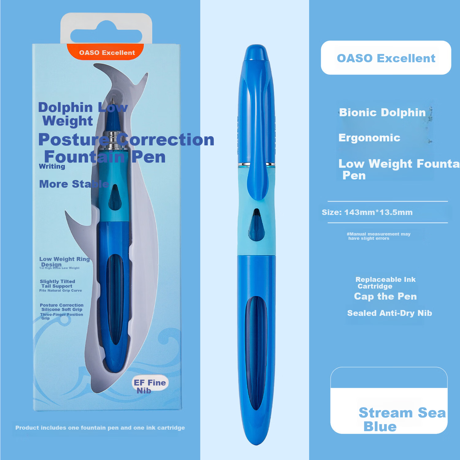 Youshang OASO K066 Dolphin Low Center of Gravity Fountain Pen Stable Writing Posture for 3rd Grade Elementary Students Beginner 4th Grade Replaceable Ink Cartridge Creek Sea Blue