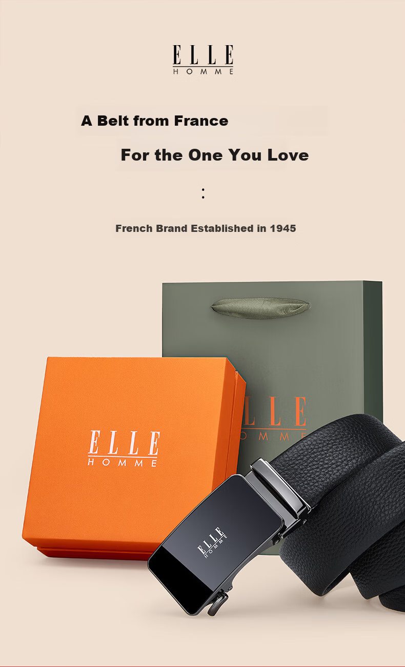 ELLE HOMME French Brand Men's Genuine Leather Belt Automatic Buckle Top Layer Cowhide Waist Belt Gift Box Birthday Gift for Boyfriend 2