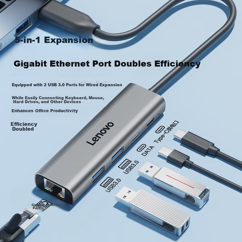 Lenovo USB 3.0 Hub Docking Station with Gigabit RJ45 Ethernet Adapter, Wired Network Card Converter, Laptop USB Expander, Xiaoxin 4-in-1 USB Splitter Adapter