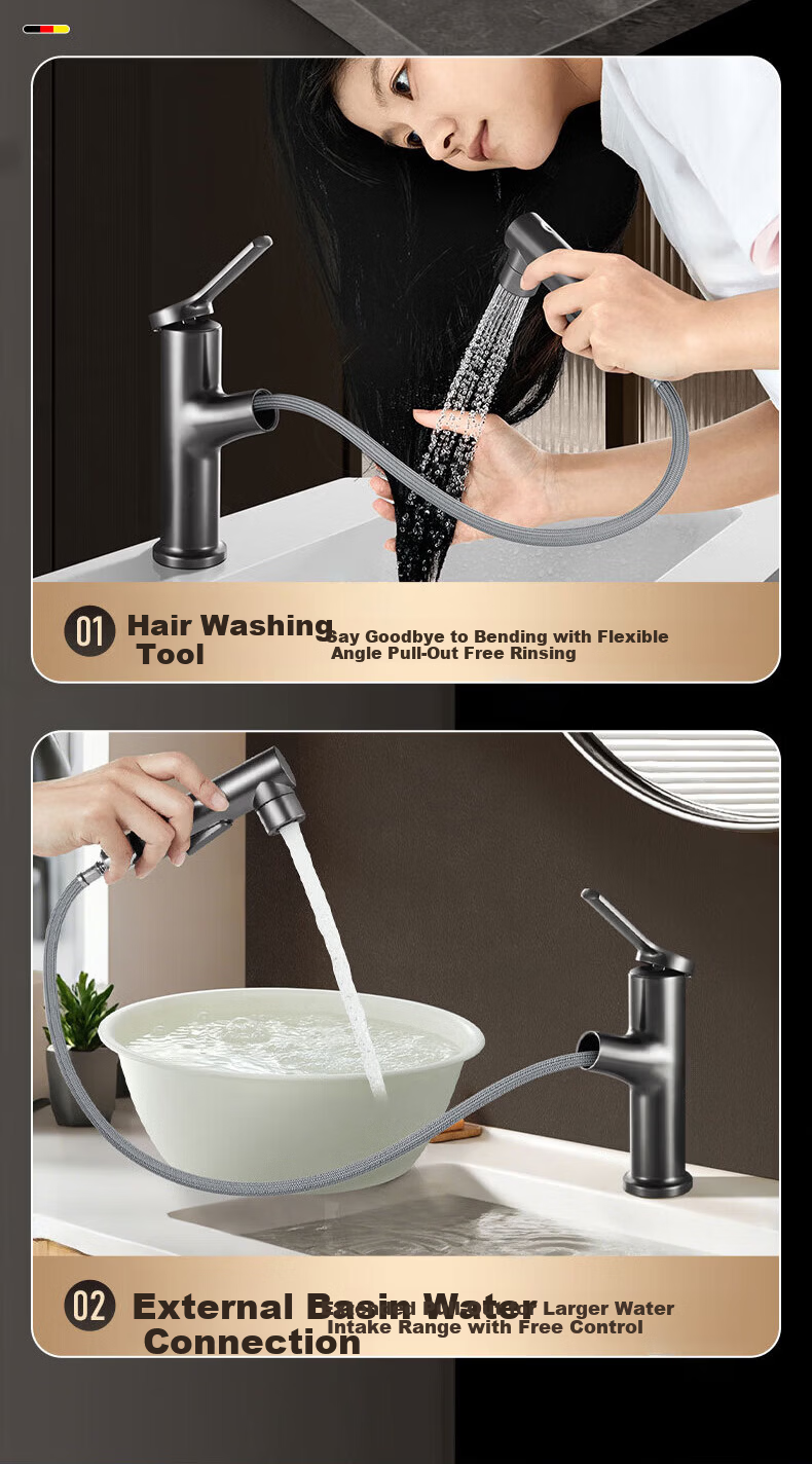 IVORPO German Basin Faucet Pull-Out Hot and Cold Bathroom Sink Tap 8