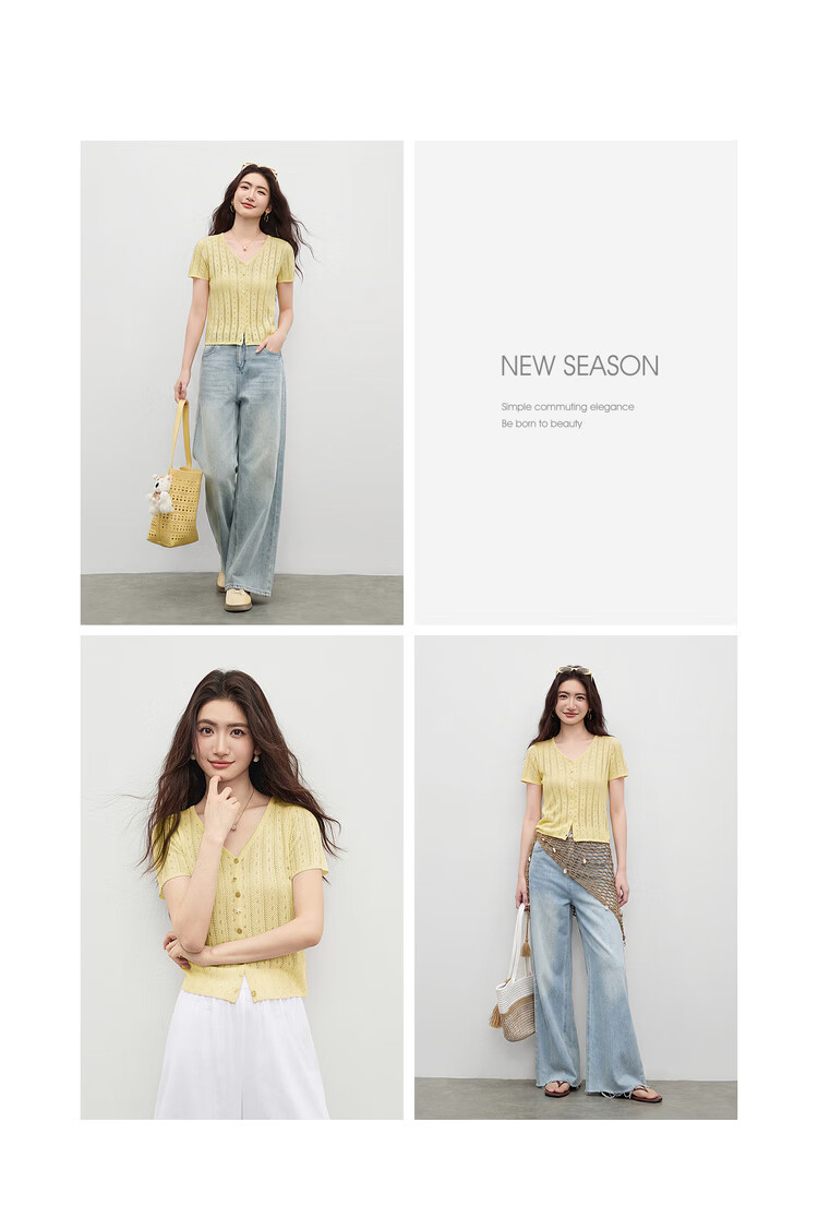 Shangdu Bira Linen Lyocell Knitwear Women Spring Summer Sweet Youthful V-Neck Hollow Texture Short Sleeve Cardigan Top 18
