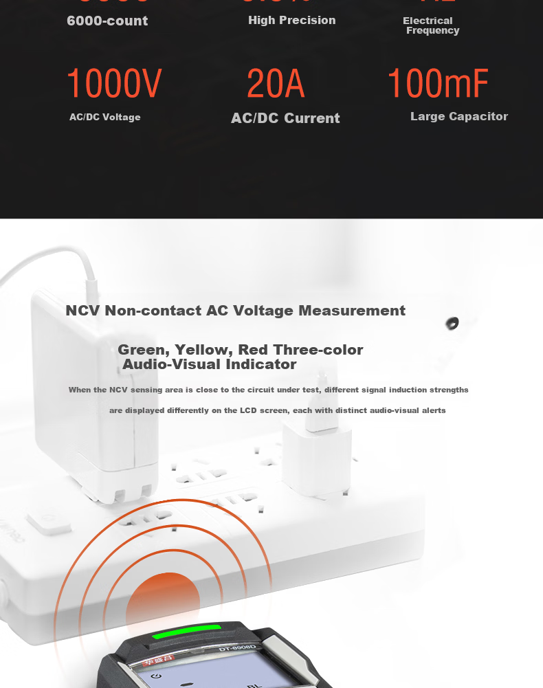 Hua Sheng Chang CEM Digital Multimeter DT-8908D High-Precision Anti-Burn Electrician Multimeter with Backlight, Digital Display, Temperature Measurement, True RMS Ammeter 3