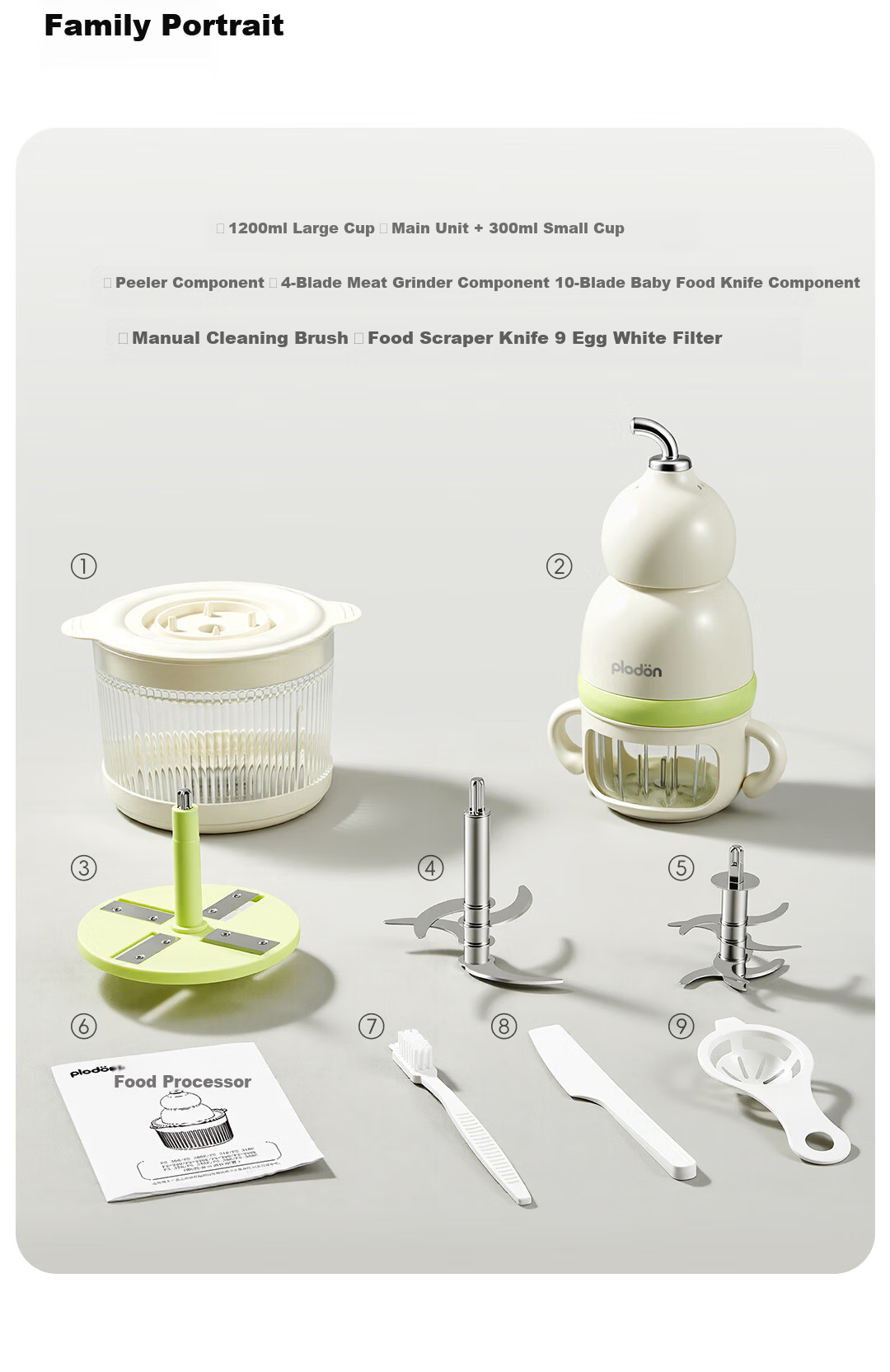 PLODON Baby Food Processor Infant Blender Puree Maker [All-Steel Shaft] Single Speed 10-Blade Single Cup Single Blade 20