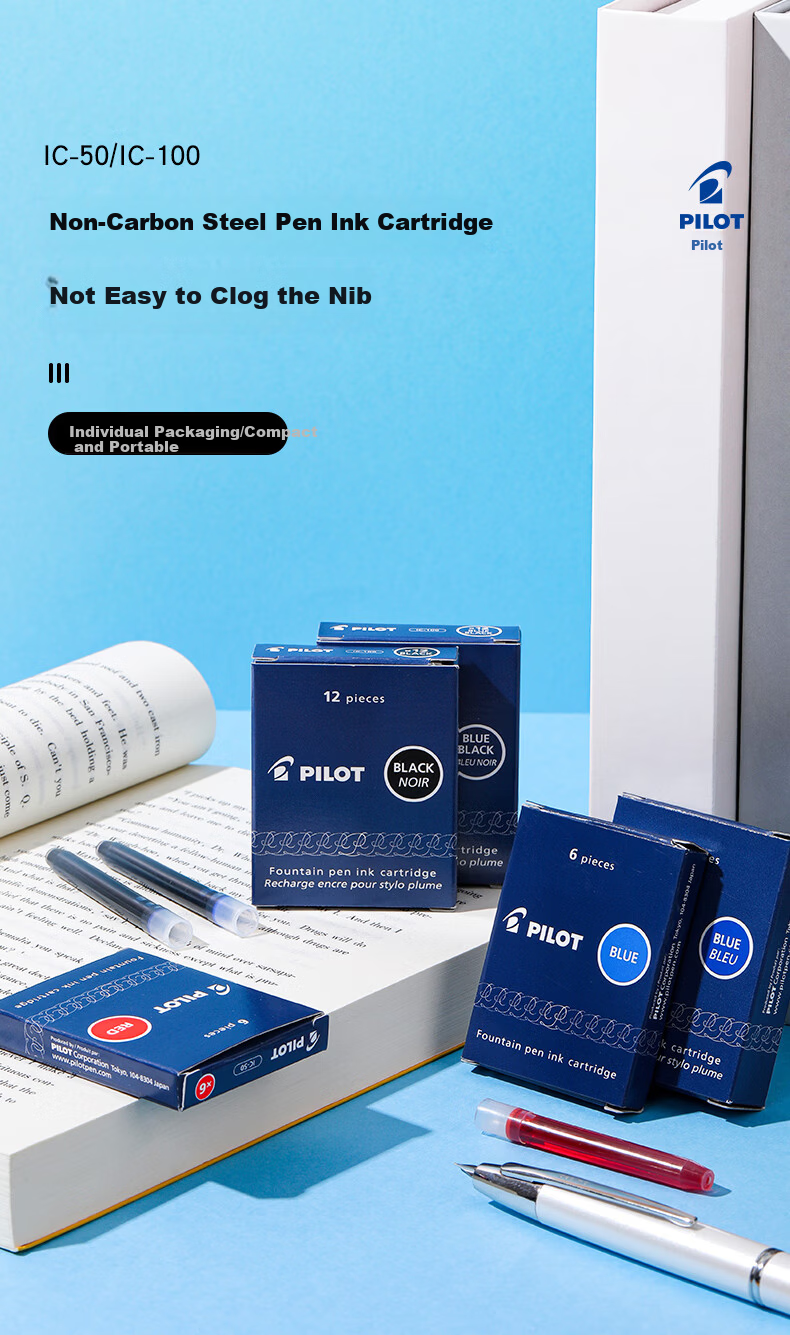 PILOT IC-100 Ink Cartridge Fountain Pen Non-Carbon Ink Fountain Pen for Primary School Students Grades 3-6 Replaceable Ink Cartridges 78G/88G/Guifei 50r/Smiley Face Black 12pcs 1