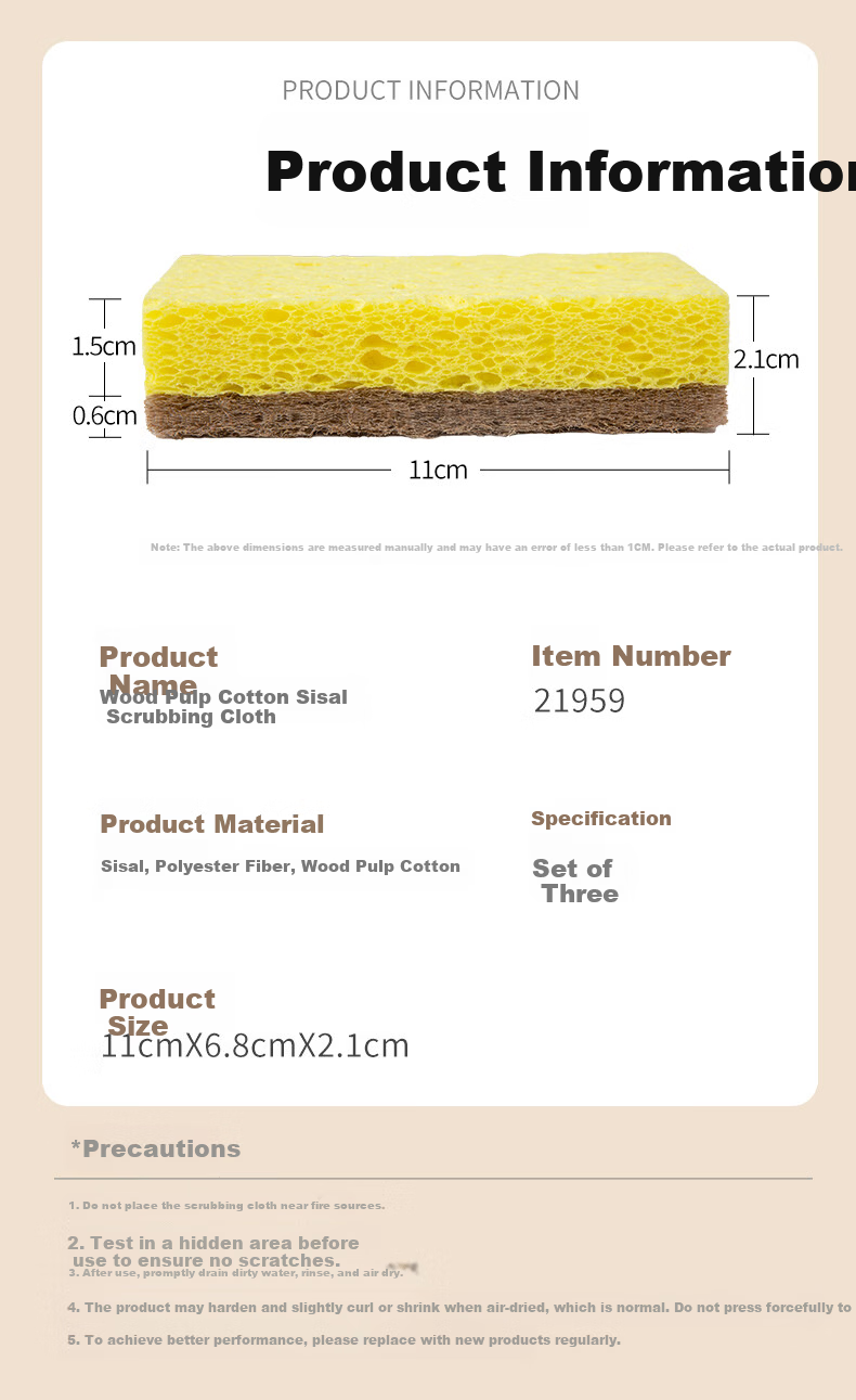 Shijia Wood Pulp Cotton Cleaning Cloth 11×6.8×2.1CM*3pcs Non-Scratch Kitchen Degreasing Pot Washing Sponge Scrubber 12