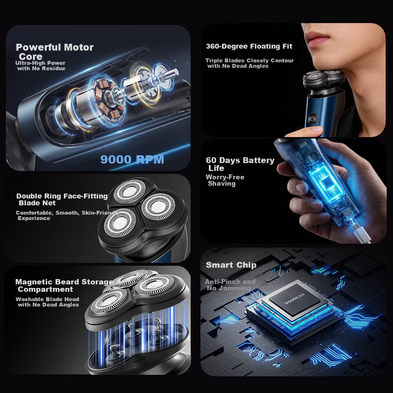 POVOS Electric Shaver Men's 1-Hour Fast Charging Portable Car Razor P200 Birthday Gift for Boyfriend Father Husband