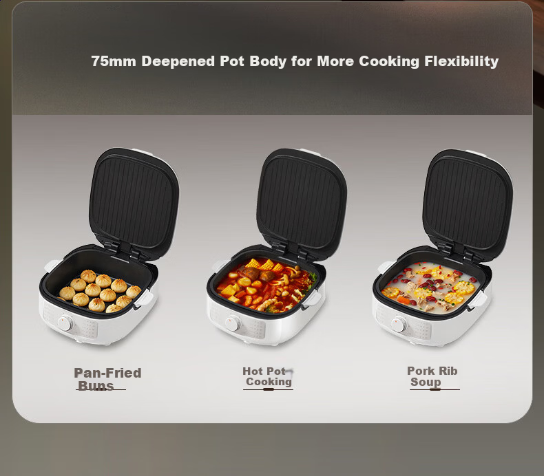 SUPOR Titanium Electric Griddle JT2828R664 - Removable Top and Bottom Plates, Multi-Function Steamer, Hot Pot, Frying Pan, Pancake Maker, Sandwich Breakfast Machine, 75mm Deep, Adjustable Heat 5