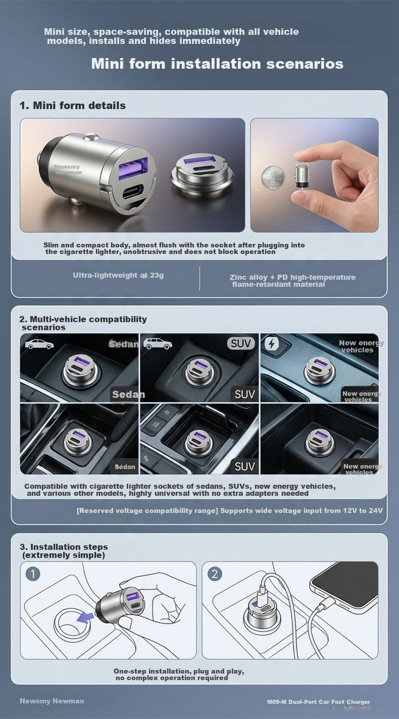 Newsmy Mini Car Charger Super Fast Charging Fully Hidden Pull Ring Dual-Port Simultaneous Fast Charging One-to-Two Car Cigarette Lighter Adapter Compatible with Xiaomi Huawei Apple 17 with Cable 3