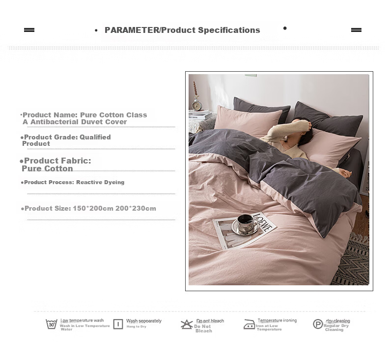 MUJI A-Class 100% Cotton Duvet Cover Single Piece 200x230cm - Dusty Pink with Dark Gray Patch 3
