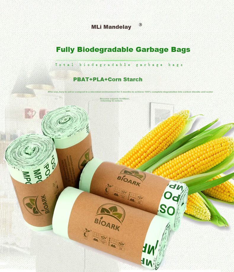 Mandelay Fully Biodegradable Garbage Bags PLA Corn Starch Compostable Trash Bags Disposable Eco-friendly Light Green 10L 1
