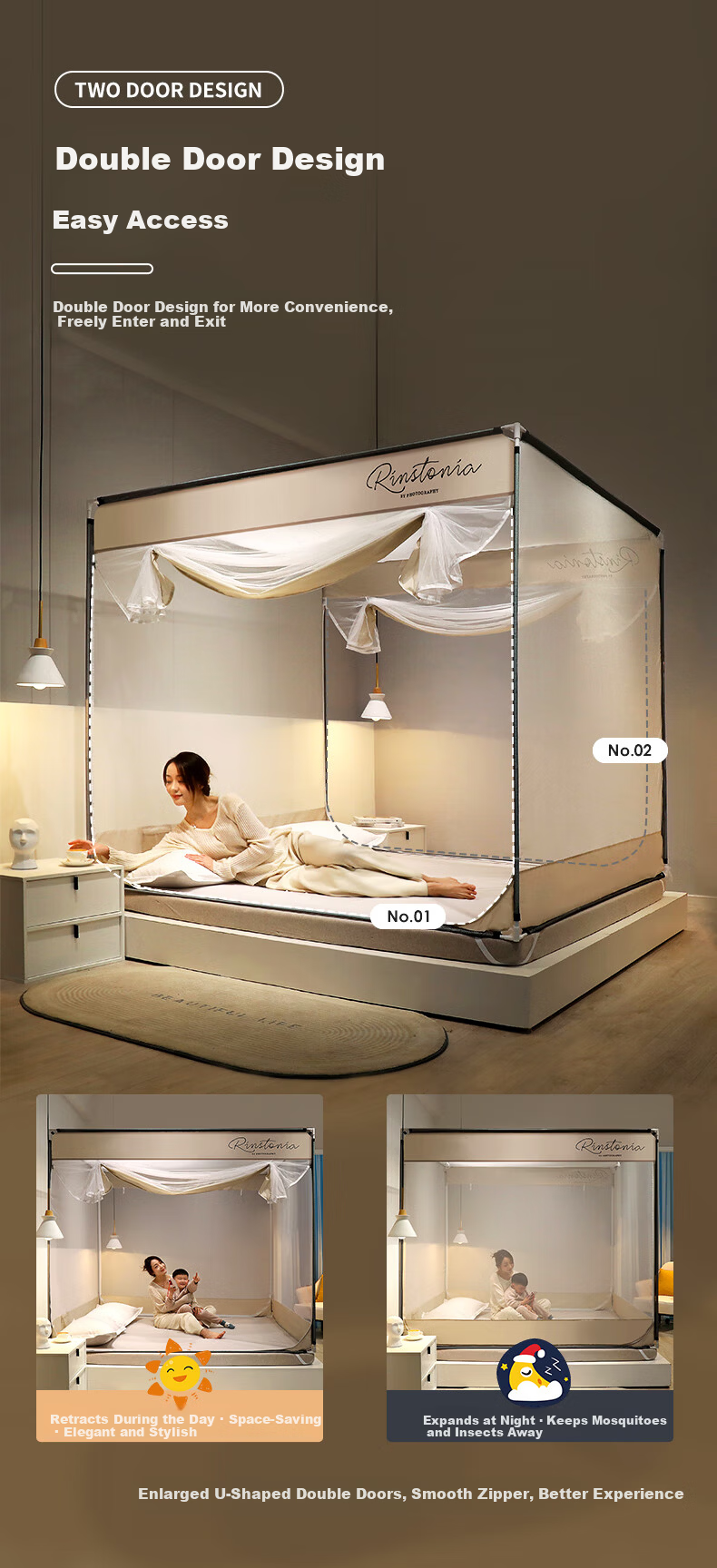 Nanjiren Children and Adult Anti-Fall Mosquito Net 1.8x2m Bed A-Class Dense Mesh Double Door Full Bottom Square Top Home Use with Frame 5