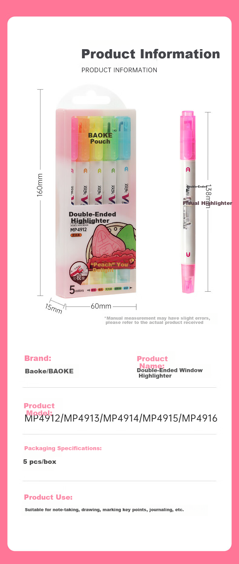BAOKE MP4913 Double-Ended Highlighter Pen, Children's Day Gift for Girls, Visible Window Key Marker, Student Journal Pen, Doodle and Drawing Pen, 5 Pieces/Box 9