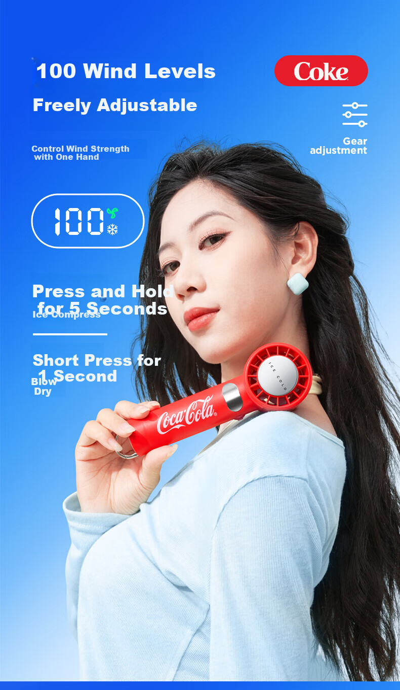 Coca-Cola Handheld Mini USB Electric Fan with Digital Display Portable Quiet Desktop Fan for Office Dormitory Students B-FS07G - Price Protection 618 7