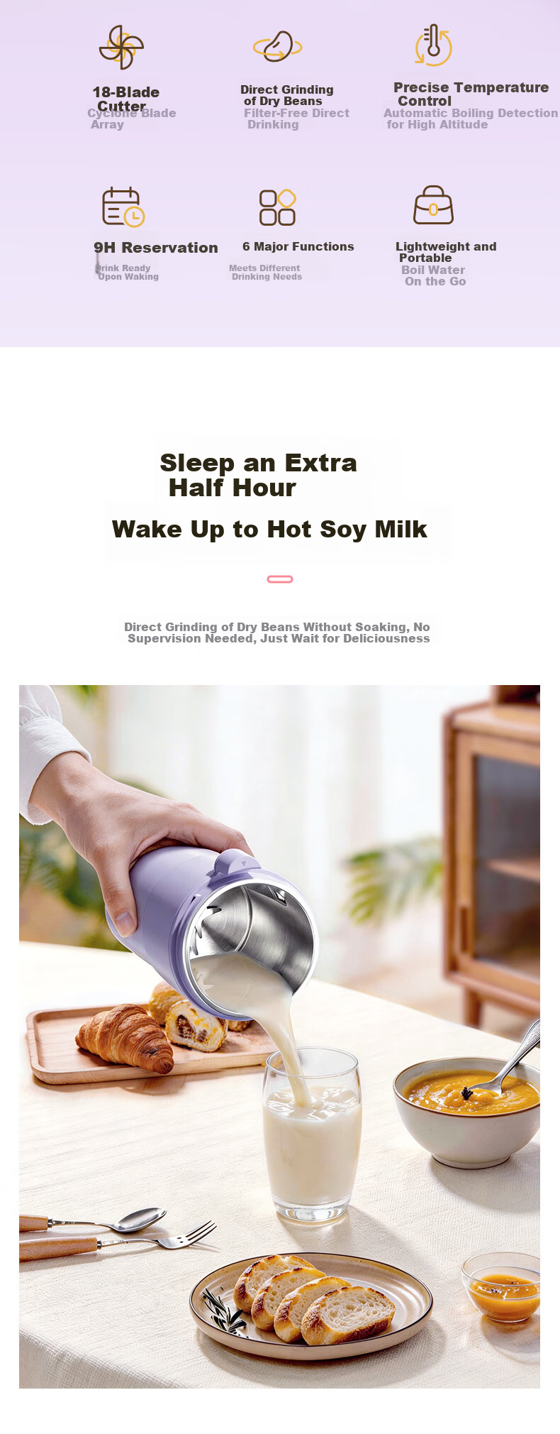 DAEWOO Mini Soy Milk Maker Smart Insulation Fully Automatic Portable Fresh Juice Extractor Direct Drinking No Filter Small Household Blender SM19 Purple 1