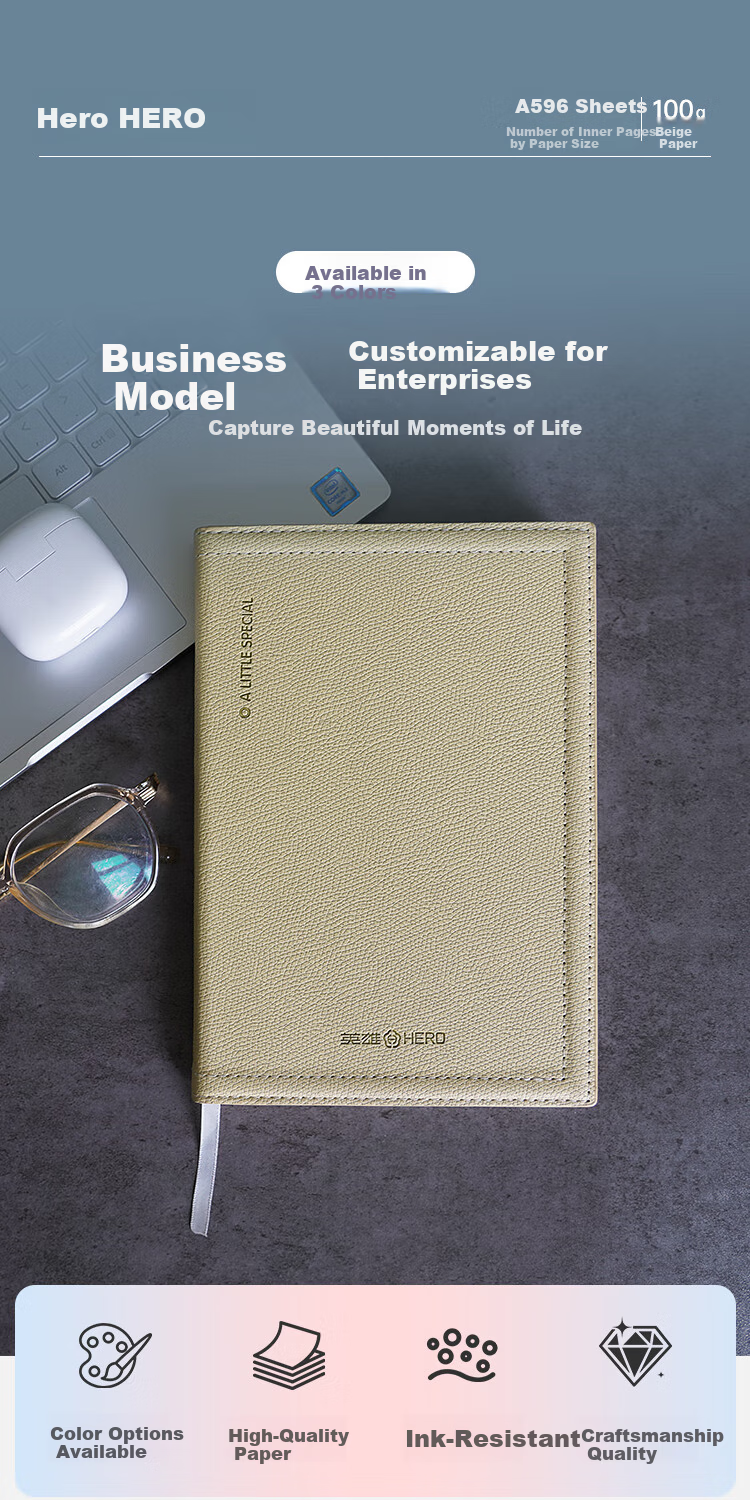 HERO New A5 Business Notebook Thickened Hard Cover Soft Leather Simple High-End Gift Meeting Portable Office Stationery Lined Detachable Diary Journal Binder 2