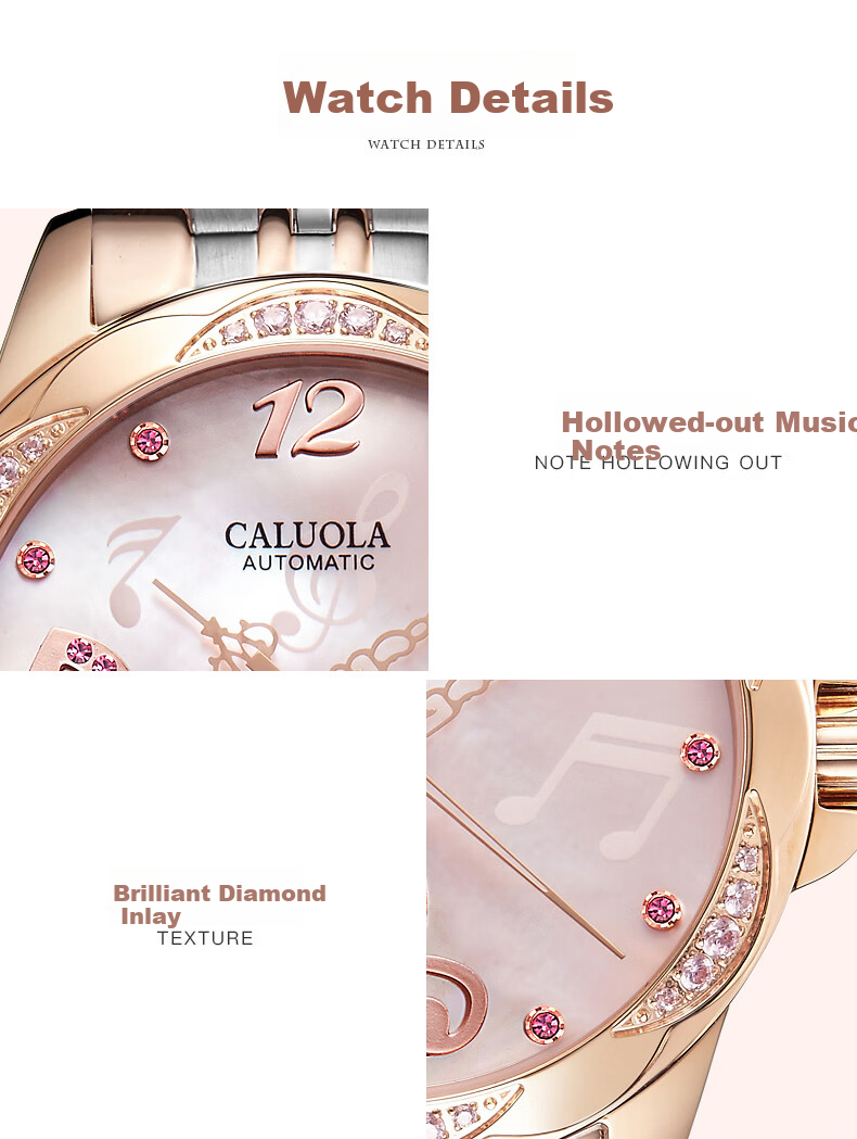 CALUOLA Carola Fully Automatic Mechanical Women's Watch Diamond-Studded Hollow Note Stainless Steel Fashion Waterproof Trendy Ladies Watch 6